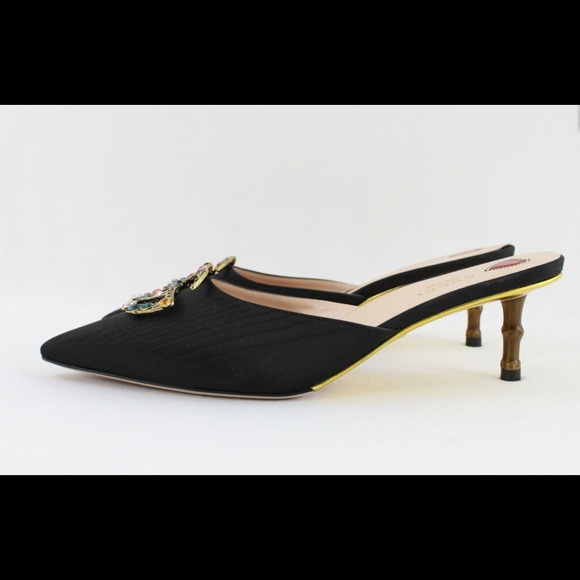 Gucci NIB Black Fabric Unia Crystal Logo Vamp Bamboo Heel Mules Shoes Sz 39 US 9 - Picture 4 of 7